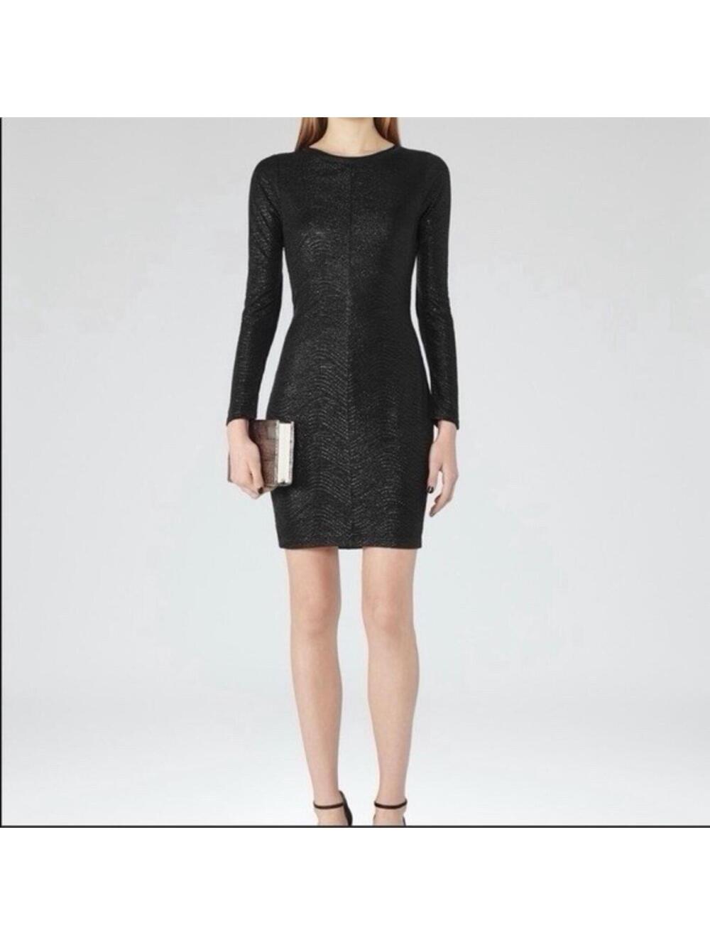 Reiss Abellia Black Textured Bodycon Dress UK4 US0Long Sleeve Evening Occasion